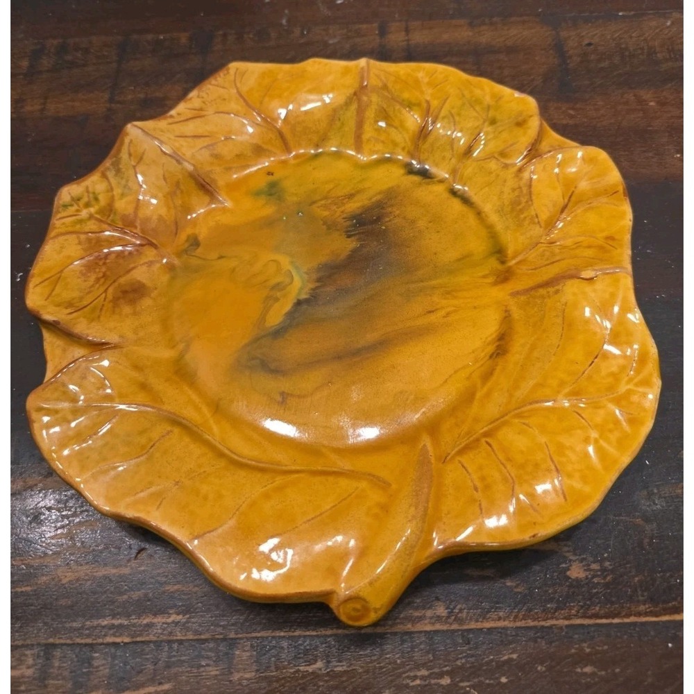 Ceramiche Virginia Italy Cabbage Leaf Platter Amber Gold Majolica Serving Dish